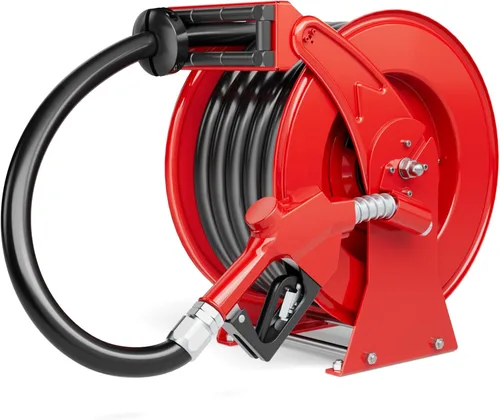 Carrete de manguera de combustible, 1 pulgada x 33 pies de combustible diésel retráctil, construcción de acero resistente con boquilla de