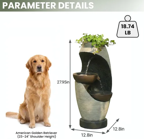 Miniatura 4 de Bumilgar - Fuente de agua de 2 niveles con luces LED, fuente de cascada de 27.95" de altura, independiente para jardín al aire libre