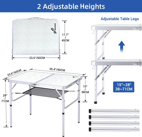 Miniatura 3 de Sportneer Mesa de campamento: Mesa plegable pequeña de altura ajustable de 35.4 pulgadas de largo x 23.6 pulgadas de ancho con 2 capas de malla