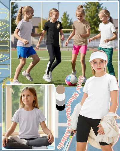 Miniatura 3 de Paquete de 4 camisetas atléticas de manga corta para niñas, de secado rápido, camisetas activas de verano con cuello redondo y ropa deportiva