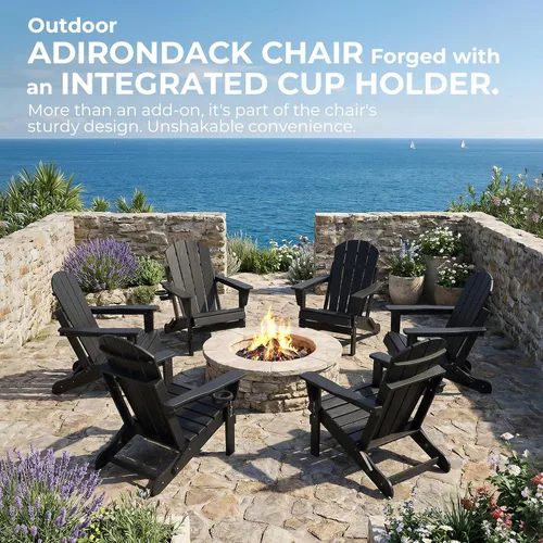 Miniatura 7 de Silla Adirondack plegable de HDPE, silla de patio al aire libre con soporte para tazas, silla de césped de grano de madera resistente a