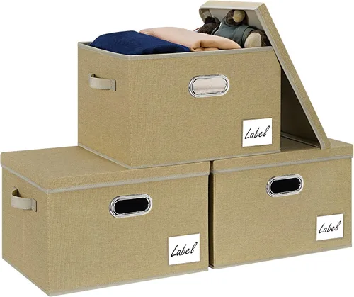 LHZK Contenedores de almacenamiento extra grandes con tapas, cajas de almacenamiento plegables de tela de lino para organización de clósets, 15.75 x
