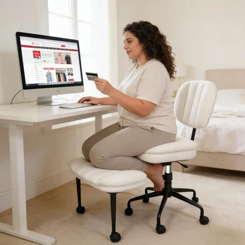 Miniatura 8 de Silla cruzada con reposapiés, silla de oficina giratoria de piel de oveja sintética de 360°, asiento extra ancho con comodidad similar al sofá, Lana