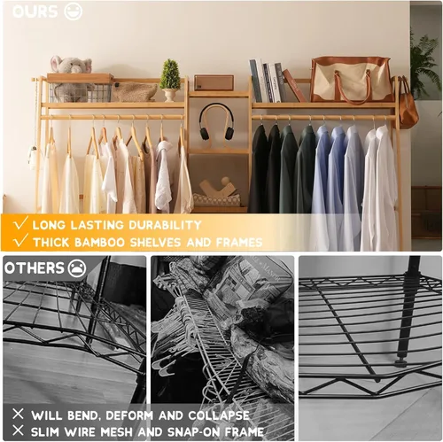 Miniatura 4 de Baveke Estante de bambú para ropa de 9 niveles, estante para colgar ropa, organizador de armario portátil con estante superior, estantes de Natural