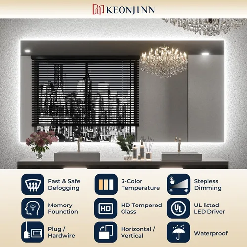 Miniatura 2 de Keonjinn - Espejo de 48x30 pulg retroiluminado LED para baño/tocador, luz de 3 colores ajustables blanca/cálida/natural, lúmenes altos, montaje