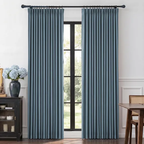 Miniatura 17 de MYSKY HOME Dusty Blue Full Black Out Pinch Pleated Curtains 63 inches Long for Bedroom Linen Textured with Blackout Liners Blue Gray Thermal