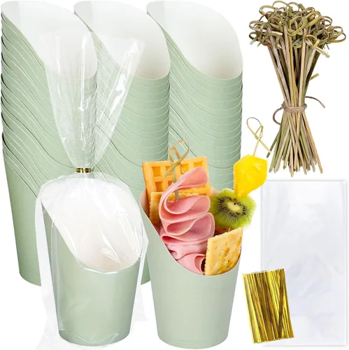 Miniatura 8 de Whaline 50 tazas de charcutería azules con bolsas de palitos, lazos giratorios, 14 onzas, desechables, para aperitivos, papas fritas para el hogar