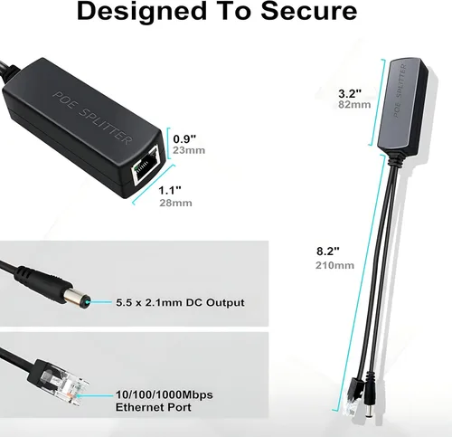 Miniatura 4 de Paquete de 4 divisores PoE de 12 V 1.2 A, PoE activo a 0.083 in de CC – Cumple con IEEE 802.3af/at, hasta 328 pies de potencia a través de Ethernet