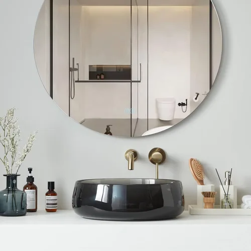 Miniatura 4 de Cpingao Fregadero de baño redondo de resina de piedra transparente de 17.7 pulgadas, lavabo sobre encimera con drenaje desplegable (negro)