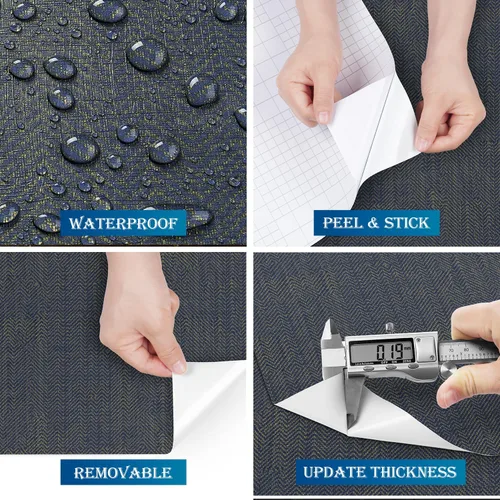 Miniatura 4 de FunStick Papel pintado de hierba azul marino dorado con textura de espina de pescado para despegar y pegar, papel de contacto extraíble