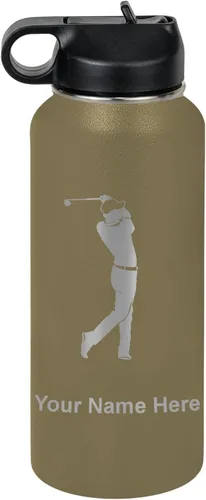 Miniatura 20 de LaserGram Botella de agua personalizada, golfista de golf, acero inoxidable de doble pared aislada al vacío con popote superior, regalo grabado Negro