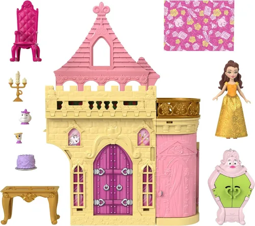 Miniatura 9 de Mattel Disney Princess Toys, Belle - Casa de muñecas castillo apilable con pequeña muñeca Belle, 4 personajes amigos y 3 accesorios, portátil con asa