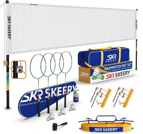 SKEERY Juego de bádminton profesional con sistema de cabrestante, red de bádminton portátil incluye raquetas de bádminton de aluminio de carbono,