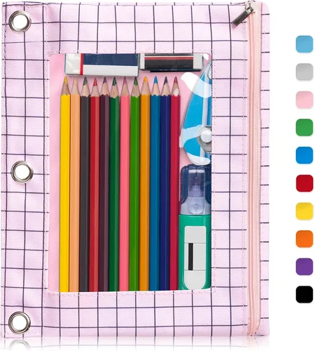 Miniatura 29 de Forvencer Estuche para lápices de 3 anillas, estuche transparente con cremallera suave, bolsa de lápices de gran capacidad con 3 ojales reforzados