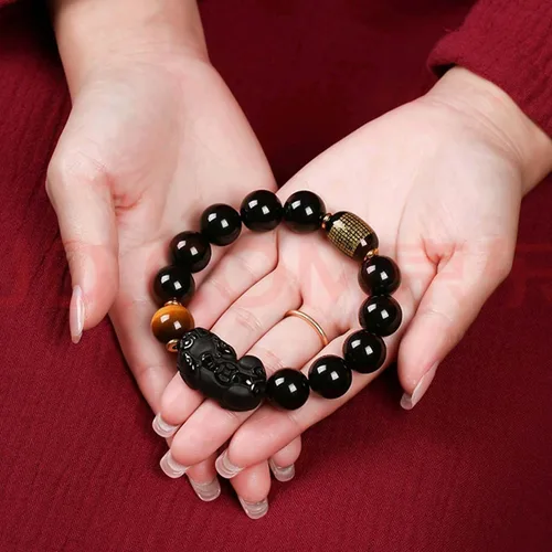Miniatura 18 de Pulsera de obsidiana negra, pulsera de obsidiana negra Feng Shui para mujeres y hombres, pulsera elástica de obsidiana con piedra de ojo de tigre