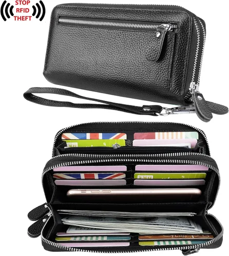 Miniatura 2 de YALUXE Cartera de cuero para mujer con bloqueo RFID, doble cremallera, tamaño grande, para smartphone