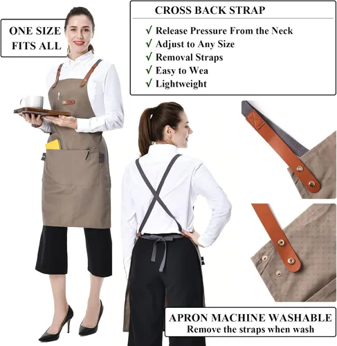 Miniatura 2 de Delantal de chef para hombre, delantal de lona para camarera, con bolsillos, resistente al agua, color caqui