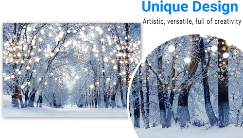 Miniatura 3 de Funnytree Fondo de fotografía de paisaje de invierno de 7 x 5 pies, diseño de copo de nieve, bokeh, con purpurina, bosque, nieve blanca, Navidad