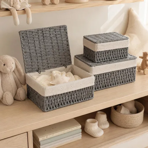 Miniatura 6 de Cestas de almacenamiento con tapas, juego de 3, cestas de mimbre tejidas anidables, cestas decorativas con tapa para estantes, dormitorio, baño, Gris