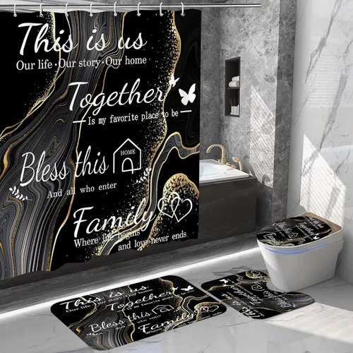 Miniatura 16 de Juego de 4 piezas de cortinas de ducha familiares con alfombras antideslizantes, cubierta para tapa de inodoro y tapete de baño, conjunto negro