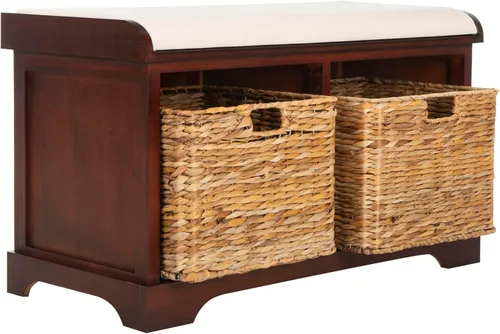 Miniatura 11 de SAFAVIEH Home Collection Freddy Marrón/ Cesta de mimbre, banco de almacenamiento con 2 cajones y cojín, completamente ensamblado