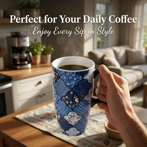 Miniatura 3 de Topadorn Taza de café de cerámica con tapa a prueba de derrames, taza de café para el hogar y la oficina con caja de regalo, color azul