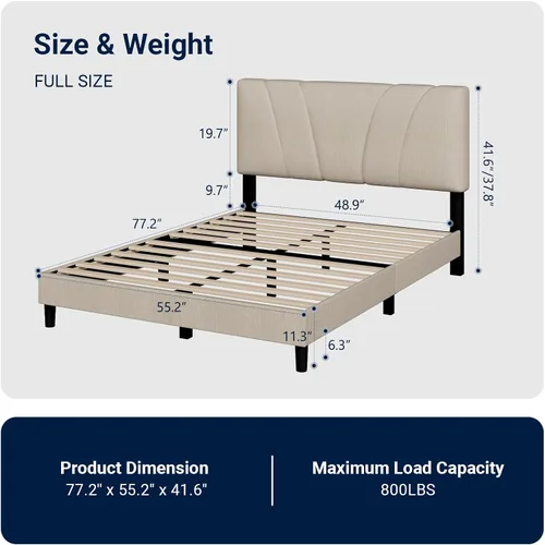 Miniatura 2 de Avenco - Base de cama tamaño matrimonial con plataforma tapizada y cabecera ajustable, soporte de listones de madera, fácil montaje, no necesita
