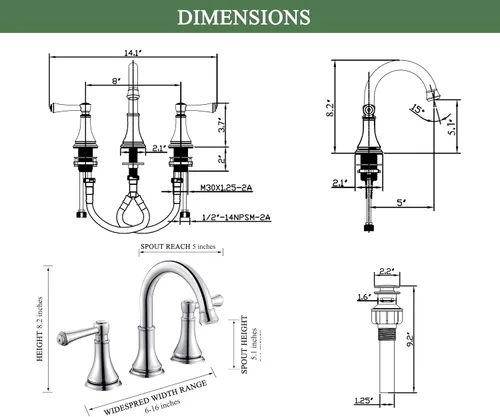 Miniatura 6 de TimeArrow Grifo de Lavabo de Baño Cromado de Dos Manijas de 8 Pulgadas Separado con 3 Orificios con Desagüe Pop-Up, Grifo Moderno de Arco Alto
