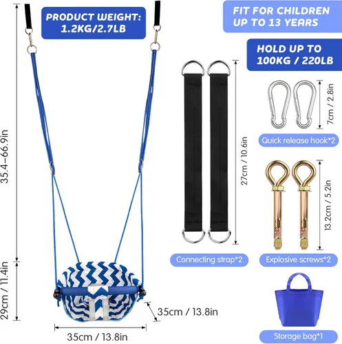 Miniatura 7 de Columpio para niños pequeños – Cómodo columpio para bebés al aire libre e interior, asiento de columpio para niños para patio trasero, arnés de Azul