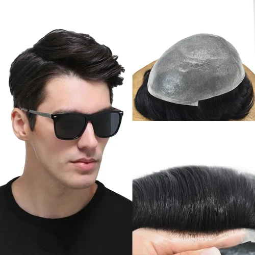 Miniatura 43 de Tupé para hombre, extensiones de cabello humano Remy para hombre, piel fina, 0.002 in, sistema de reemplazo de cabello con bucle en V para hombres