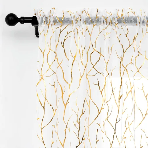 Miniatura 10 de FINECITY - Cortinas de plata traslúcidas de 45 pulgadas de largo - Cortinas impresas de ramas de árbol plateadas metálicas para ventana de cocina
