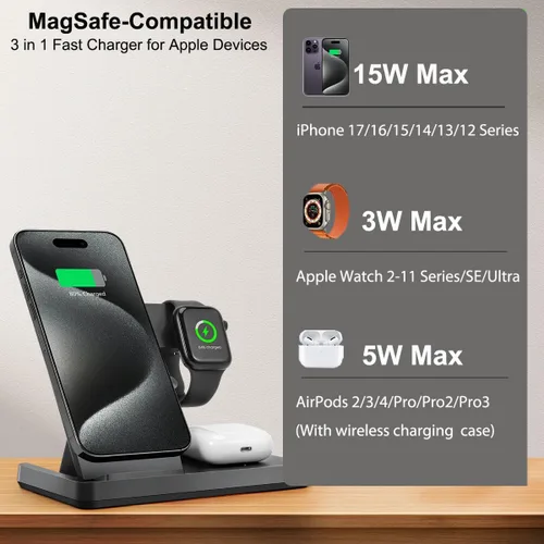 Miniatura 4 de Estación de carga inalámbrica magnética 3 en 1 para Magsafe iPhone 12-17 Series, estación de carga para múltiples dispositivos, soporte de cargador