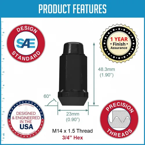 Miniatura 5 de Wheel Accessories Parts 24 piezas M14x1.5 14x1.5 rosca Bulge Bellota 1.90" tuercas largas negras 3/4" 0.748 in hexagonales para Chevy Silverado GMC