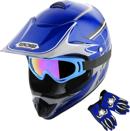 Miniatura 9 de WOW Casco de motocross para jóvenes, casco MX BMX, tela de araña, gafas + guantes negros de araña marciana, paquete HJOY-W MG