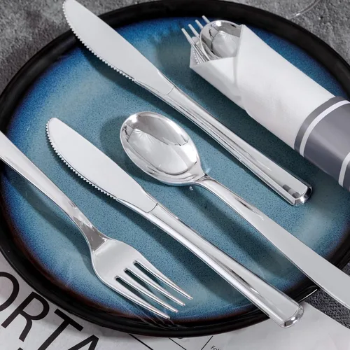 Miniatura 7 de 400 piezas de cubiertos de plástico plateado preenrollados - Cubiertos de plata resistentes - Incluye 100 paquetes de utensilios desechables Plata