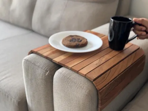 Miniatura 8 de Vesta Homes Bandeja para reposabrazos de sofá, madera de acacia premium, bandeja de sofá flexible y plegable, mesa de brazo y reposabrazos, adecuada