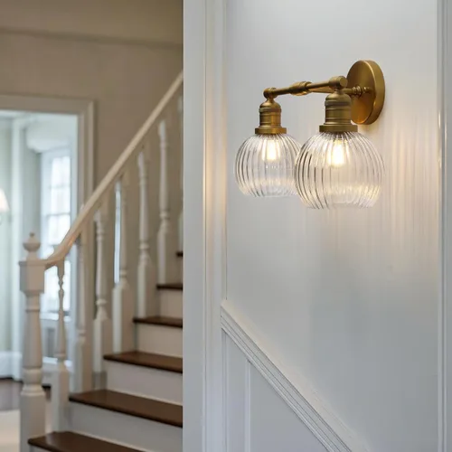 Miniatura 7 de Aplique industrial de pared de vidrio de doble brazo con pantalla de globo a rayas transparentes, lámpara de tocador de pared de 2 luces