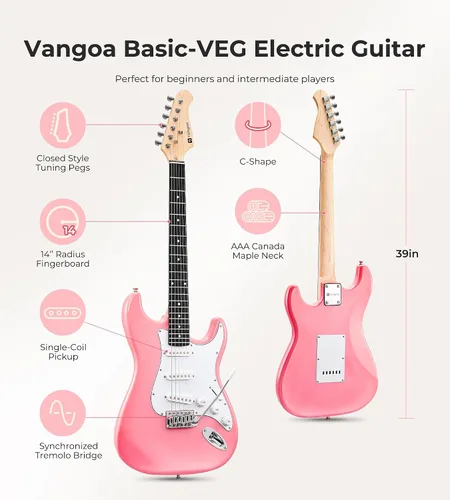Miniatura 2 de Vangoa - Kit de guitarra eléctrica de tamaño completo de 39 pulgadas para principiantes, cuerpo sólido, color rosa, con pastillas SSS, amplificador