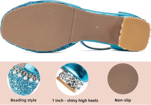 Miniatura 2 de Zapatos de vestir para niñas, tacones altos, zapatos planos para niños pequeños, zapatos de flores con purpurina brillante, para fiesta, boda