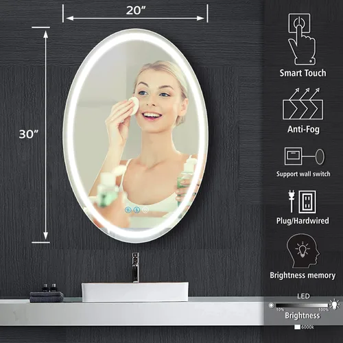 Miniatura 2 de Espejo de baño ovalado LED de 30 x 20 pulgadas con luces, memoria inteligente, 3 colores regulables, luz frontal, antiniebla, inastillable, vidrio