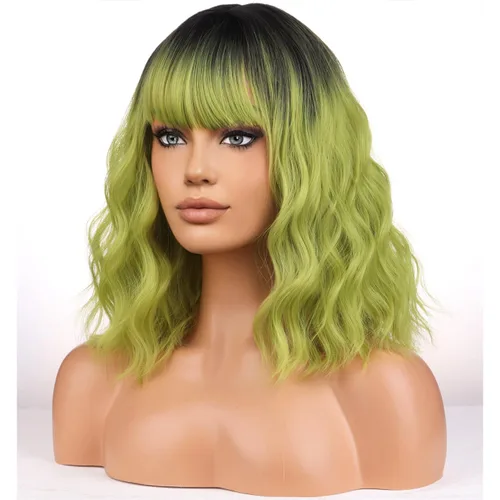 Miniatura 17 de BERON Pelucas cortas verdes para mujer, peluca rizada ondulada con flequillo para niñas, pelucas de cabello de color verde aguacate, peluca