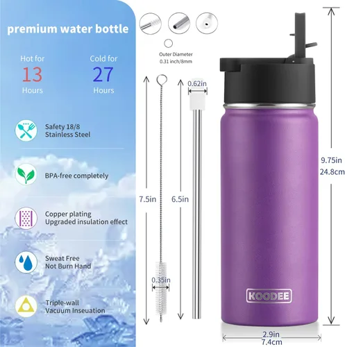 Miniatura 4 de koodee Botella de agua de acero inoxidable de 16 onzas con aislamiento al vacío de doble pared con pajilla, paquete de 2 botellas de agua deportivas