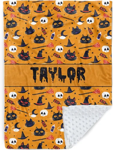 Miniatura 27 de Manta de bebé personalizada de Halloween, manta con nombre personalizado para niños pequeños, franela suave con respaldo de puntos de doble capa