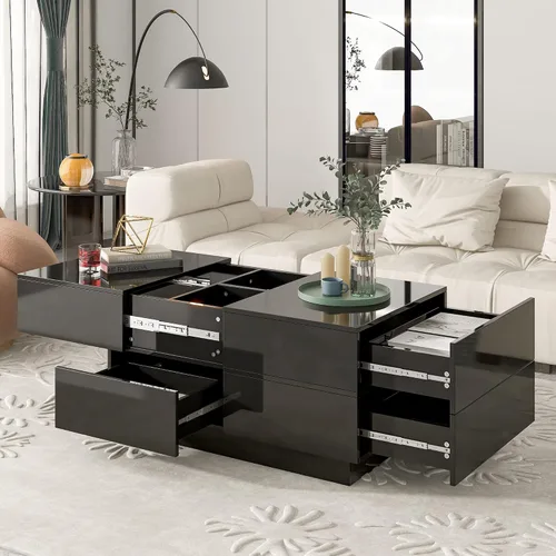 Miniatura 24 de Mesa de centro moderna con vidrio templado, mesa de cóctel de madera con superficie UV de alto brillo, mesa central rectangular modernista de 2 Negro