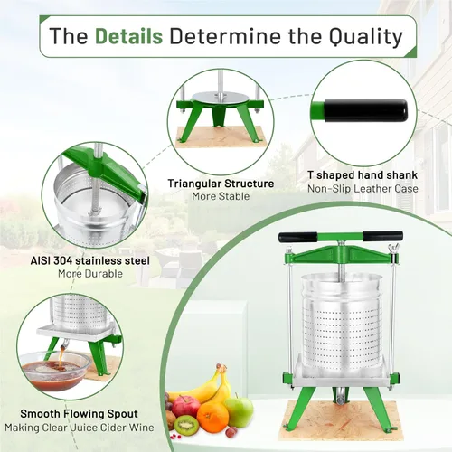 Miniatura 5 de Prensa de frutas Mosakar de 4 galones/15 litros. Todas las piezas de contacto de jugo son de acero inoxidable AISI 304. Prensa de sidra de manzana