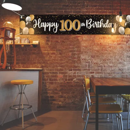 Miniatura 3 de Decoración de feliz cumpleaños número 100, globo negro y dorado número 100, cartel grande de telón de fondo de cumpleaños, decoración de fiesta