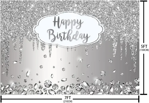 Miniatura 5 de SENDY Fondo de cumpleaños plateado con purpurina de 7 x 5 pies, suministros de decoración de fiesta de bokeh de diamantes de cristal para niña