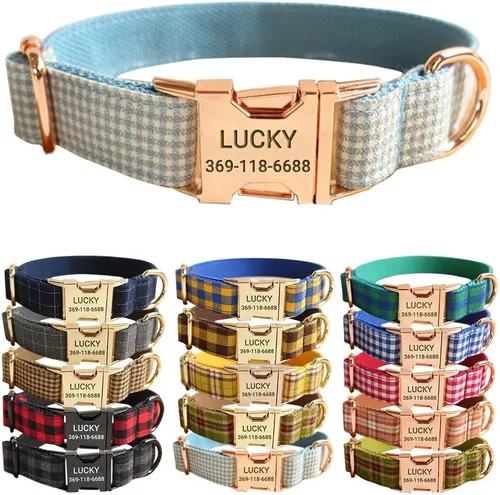 Miniatura 22 de PETDURO Collar de Perro a Cuadros Personalizado Verde Manzana - Nombre y Número de Teléfono Grabados en Hebilla de Metal Oro Rosa - Personalizado