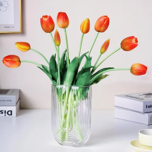 Miniatura 13 de Tulipanes falsos de tacto real premium de 16 pulgadas, flores artificiales con brotes, tallo flexible fácil de moldear, tulipanes sintéticos