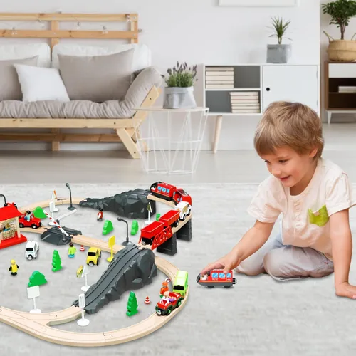 Miniatura 7 de Juego de tren a pilas para vías de tren de madera (con sonido y conexión magnética), potente juego de tren locomotora de acción que se adapta a